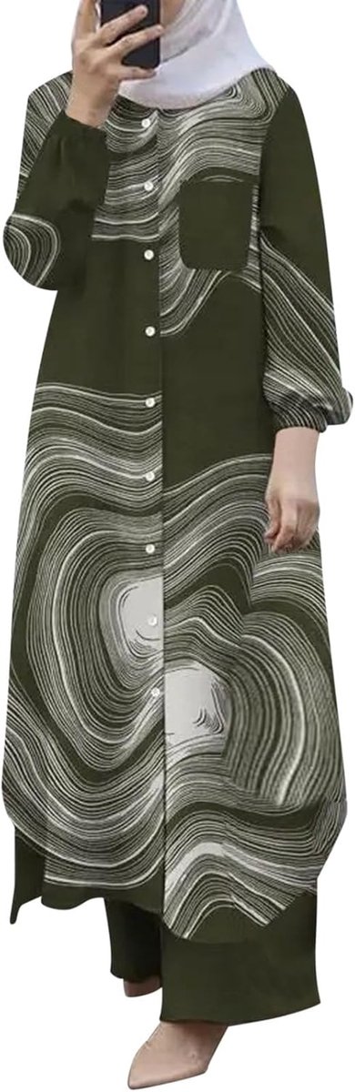 Moslim 2-delige sets voor dames, shirt met lange mouwen, button-down shirt, broek, abaya, vrijetijdsjurk, Dubai outfits (legergroen, L)
