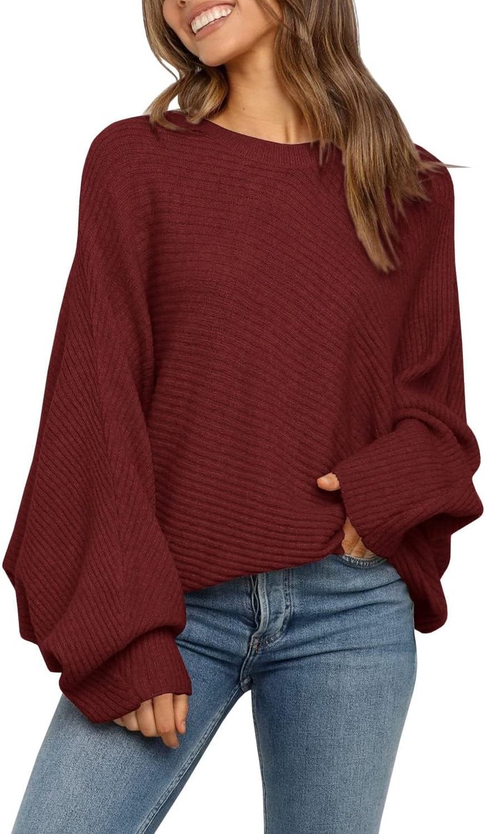 Damestrui, oversized, vleermuismouwen, gebreide trui, winter, ronde hals, pullover, geribbeld sweatshirt