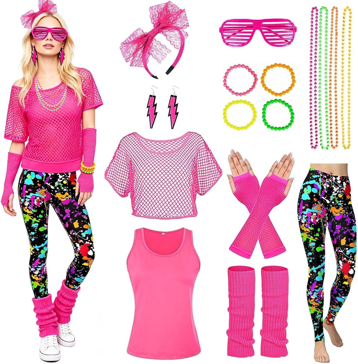 80-outfit voor dames, jaren 80 workoutkostuum, jaren 80-accessoires, jaren 80/90-outfit voor dames, jaren 80/90-kleding, kostuumaccessoires, voor carnaval, themafeest