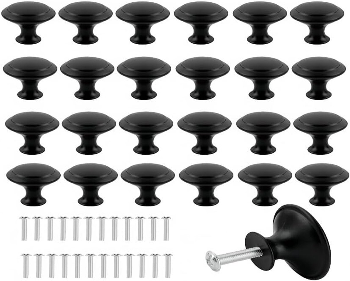 Ladeknop, 25 stuks, rond, zwart, met 25 schroeven, 30 mm ladeknoppen, ronde punt, ladeknoppen, kastdeurknoppen voor kasten, commodes, laden