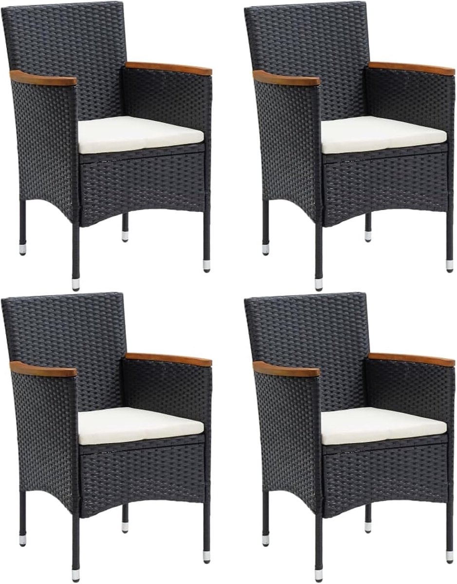 4 stuks tuinstoel met zitkussen, tuinstoel, eetstoel, stapelstoel, stoel, stoel, tuinmeubelen, terras, polyrotan, zwart