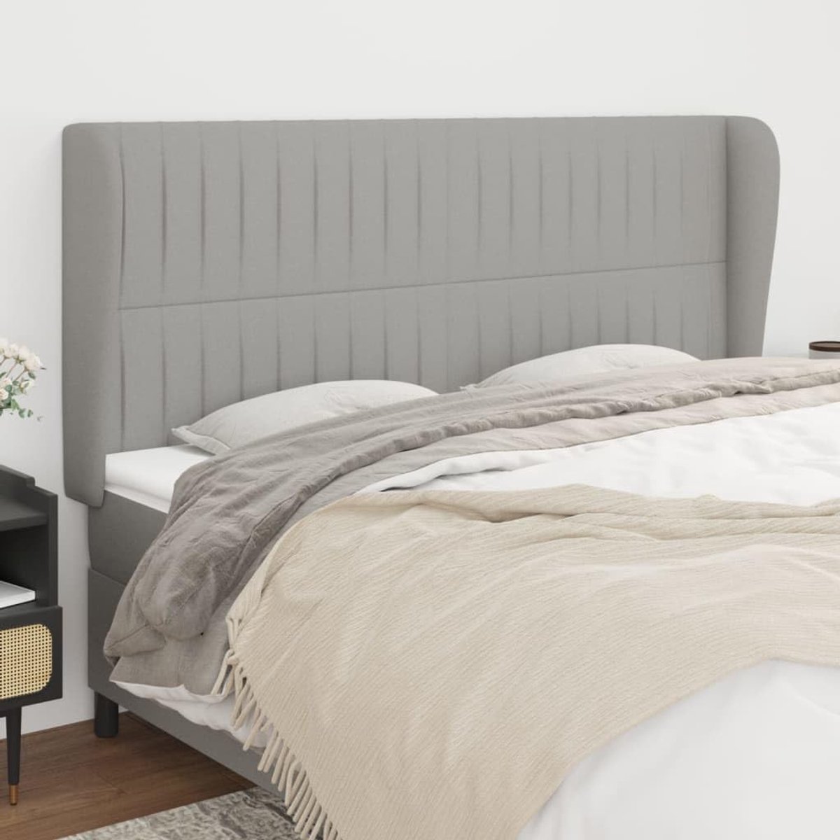 Hoofdsteun met oren, lichtgrijs, 163 x 23 x 118/128 cm, stoffen hoofdeinde voor slaapkamer, slaapkamer, hotels