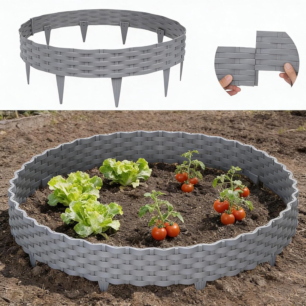Gazonrand, kunststof, 10 m, rotan-look, bloembedomranding, buigbare maaikanrand, bloembegrenzing, flexibel voor de tuin, gazonranden, 1 element 100 x 20 cm (10 stuks, grijs)