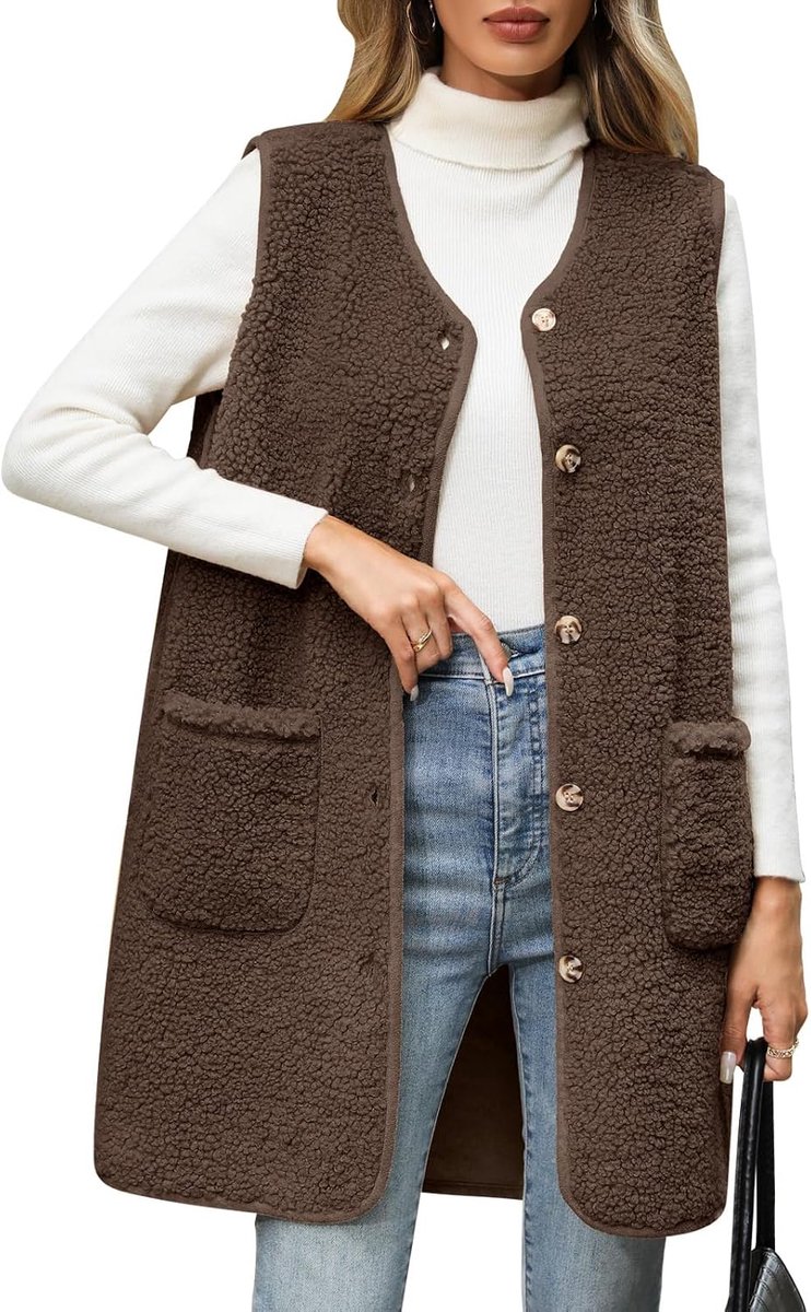 fleece vest dames lang fleece vest herfst winter damesvest warm mouwloos vest V-hals bontvest licht casual pluche vest knopen teddyjas met zakken