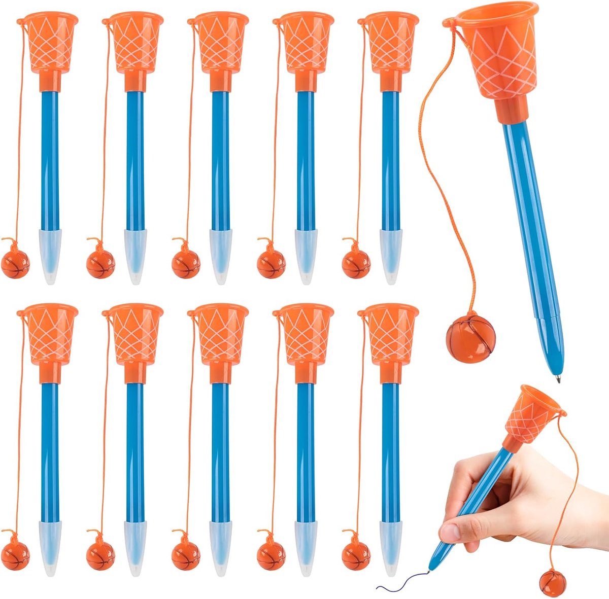 12 stuks basketbalbalpen met banden, 14 cm kinderbasketbal, zwarte inktstift, nieuwe basketbalpen, creatieve basketbalstift, voor sportthema, feestgeschenken, 0,7 mm vulling