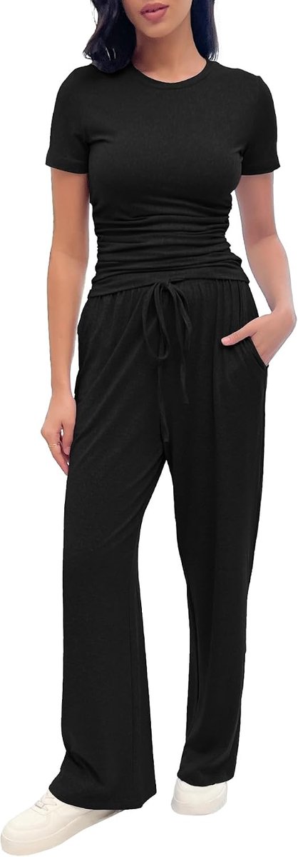 set voor dames, 2-delig, zacht, rekbaar, top met korte mouwen, broek met trekkoord en zakken, voor thuis of op reis