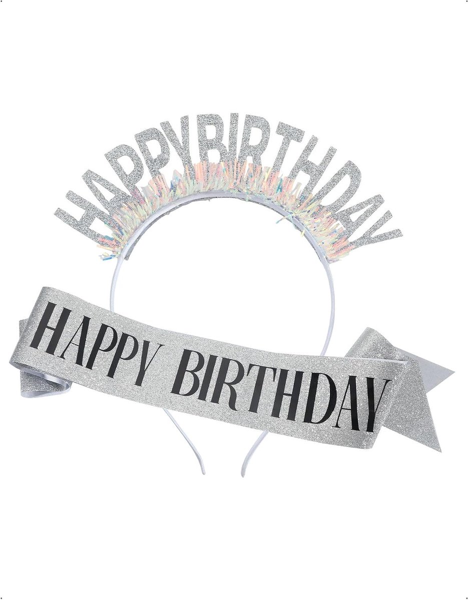 Meisjes verjaardag kroon sjerp set zilver zwart opschrift party accessoires diadeem dames vrouwen glitter decoratie Happy Birthday haarband