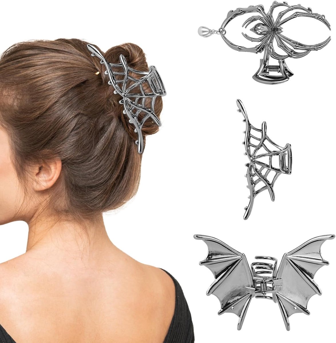 3 Stuks Halloween Haarklemmen voor Vrouwen en Meisjes, Gotische Metalen Haaraccessoires met Hol Ontwerp Spinnenweb Vleermuis Spinnenklemmen voor Halloweenfeest Cosplay