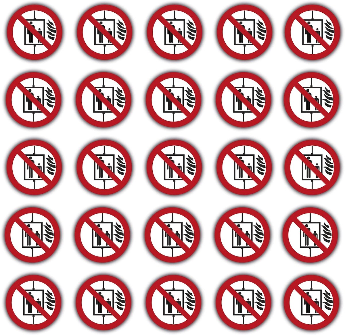 25 stuks lift in geval van brand niet gebruiken stickers Ø 9,5 cm sticker gestempeld met uv-bescherming voor binnen en buiten