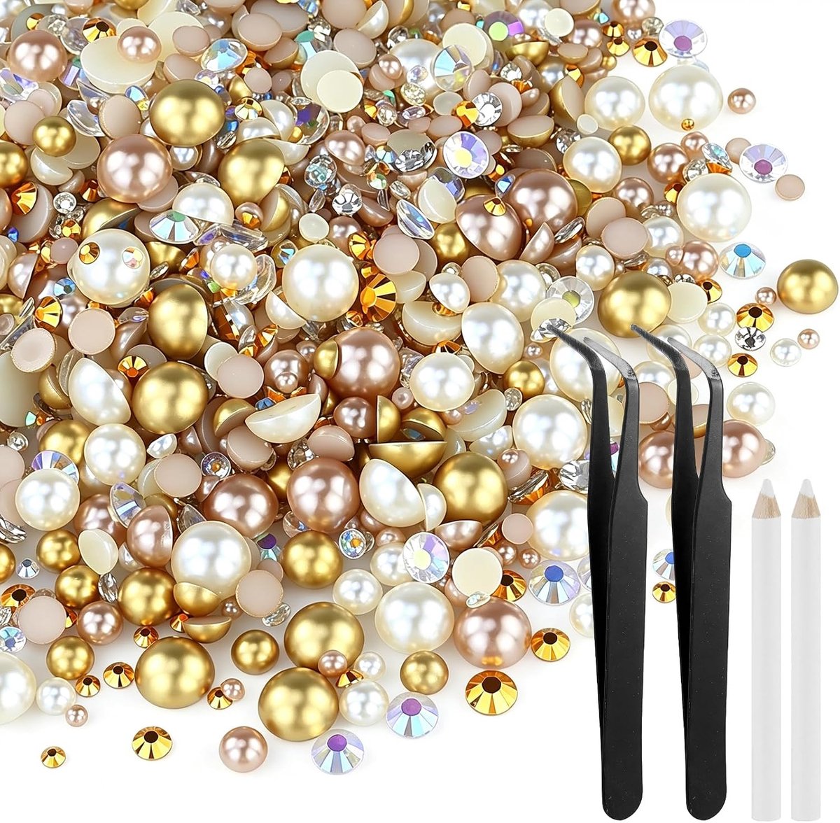 80g Mix Flatback Steentjes met Wax Potlood en Pincetten Kit, Zwart en Wit Gemengd 2mm-10mm Platte Rug Steentjes, Hars Strass Cabochons, Parel Kralen Stenen, voor Decoratie