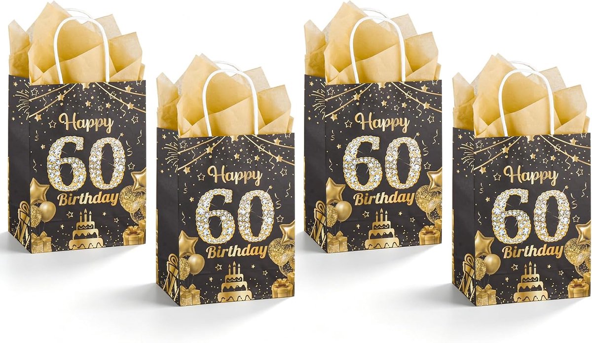 4 geschenkzakjes voor de 60e verjaardag, zwart en goud met pailletten, "Happy 60 Birthday" met handgrepen en cadeaukaart, voor geschenken en feestjes