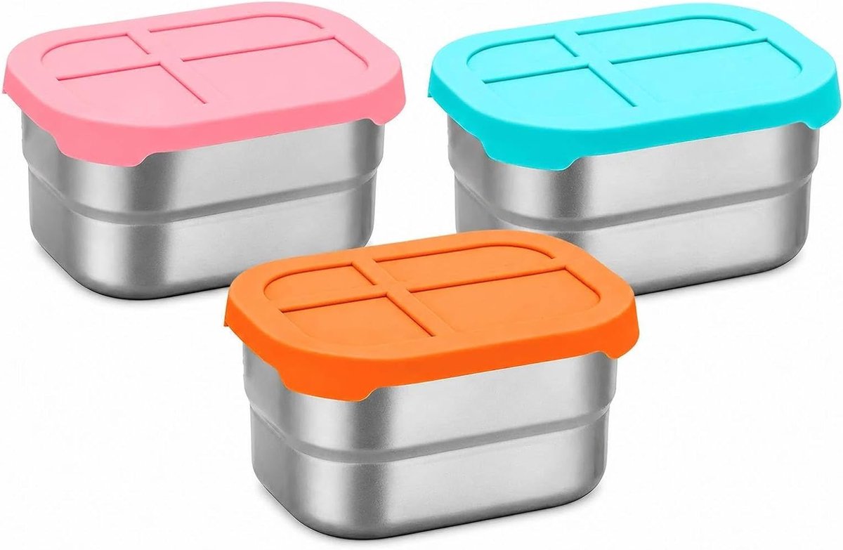 3 mini RVS bakjes met siliconen deksels, 230 ml, stapelbaar