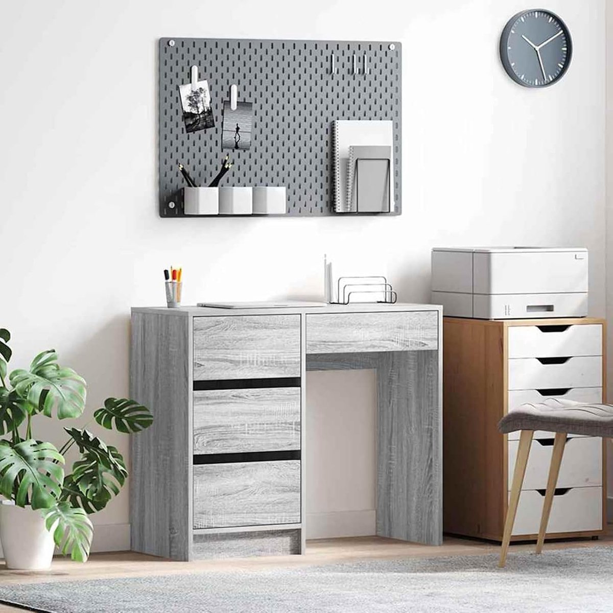 Bureau, grijs, Sonoma spaanplaat, middelgrote opbergruimte, bureau, moderne computertafel voor werkkamer, slaapkamer, woonkamer