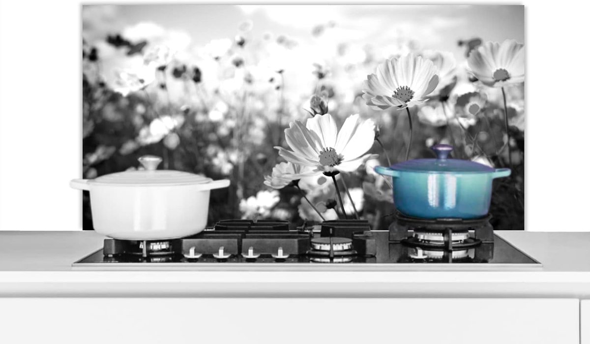 Spatscherm Keuken - 100x50 cm - Bloemen - Wei - Paars - Gras - Wit - Wolken - Blauw