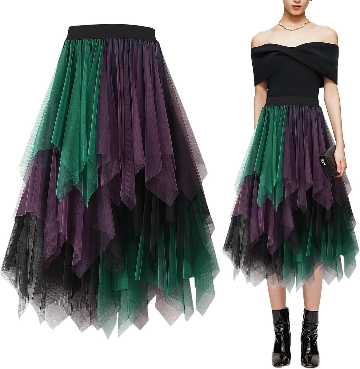 rok voor dames, elastisch, onregelmatige mesh, plooirok, carnavalskostuum, elegante hoge taille, tule rok, A-lijn, tutu, midi-rok met gevoerde gelaagde rok, carnaval en feest