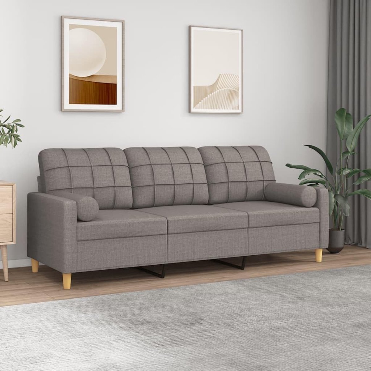 Sofa voor woonkamer, 3-zits, vierkant design, stof, taupe, met 2 kussens, 198 x 77 x 80 cm, moderne stof, 3-zitsbank van stof