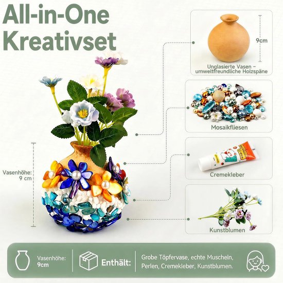 Mozaïek knutselset volwassenen glazen mozaïek vaas set met kunstbloemen — afbeelding 2