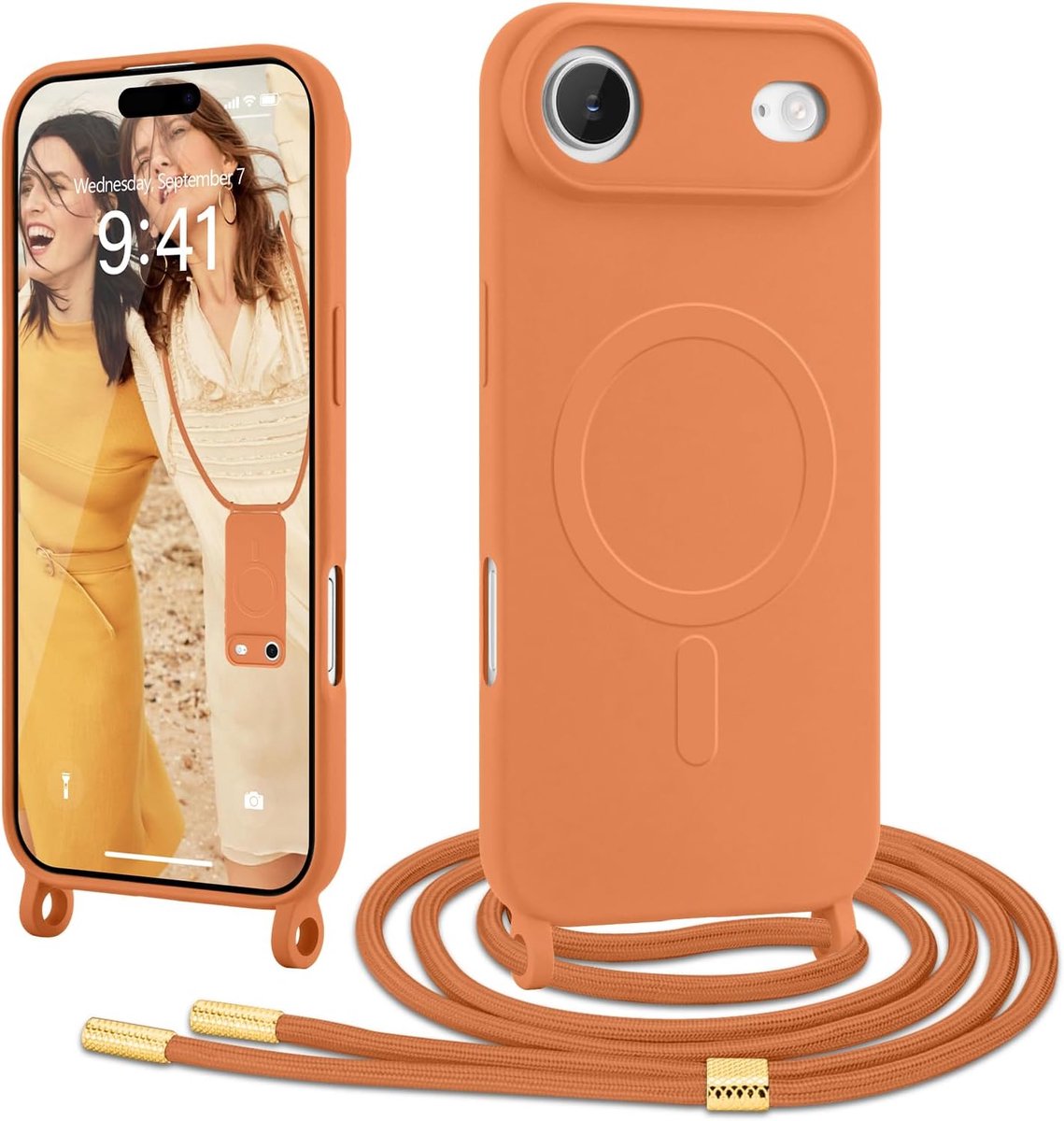Hoesje van vloeibare siliconen voor iPhone Air, compatibel met MagSafe, magnetische beschermhoes om te hangen, oranje