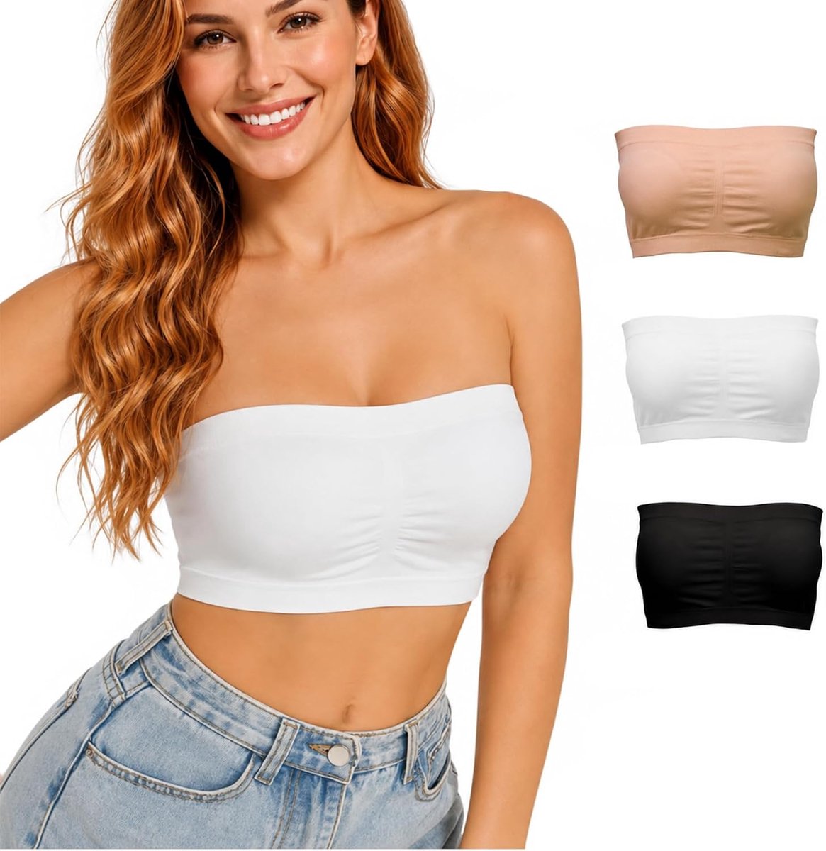 Bandeau-beha voor dames, grote maten, zonder bandjes, push-up met pads, verpakking van 3 stuks