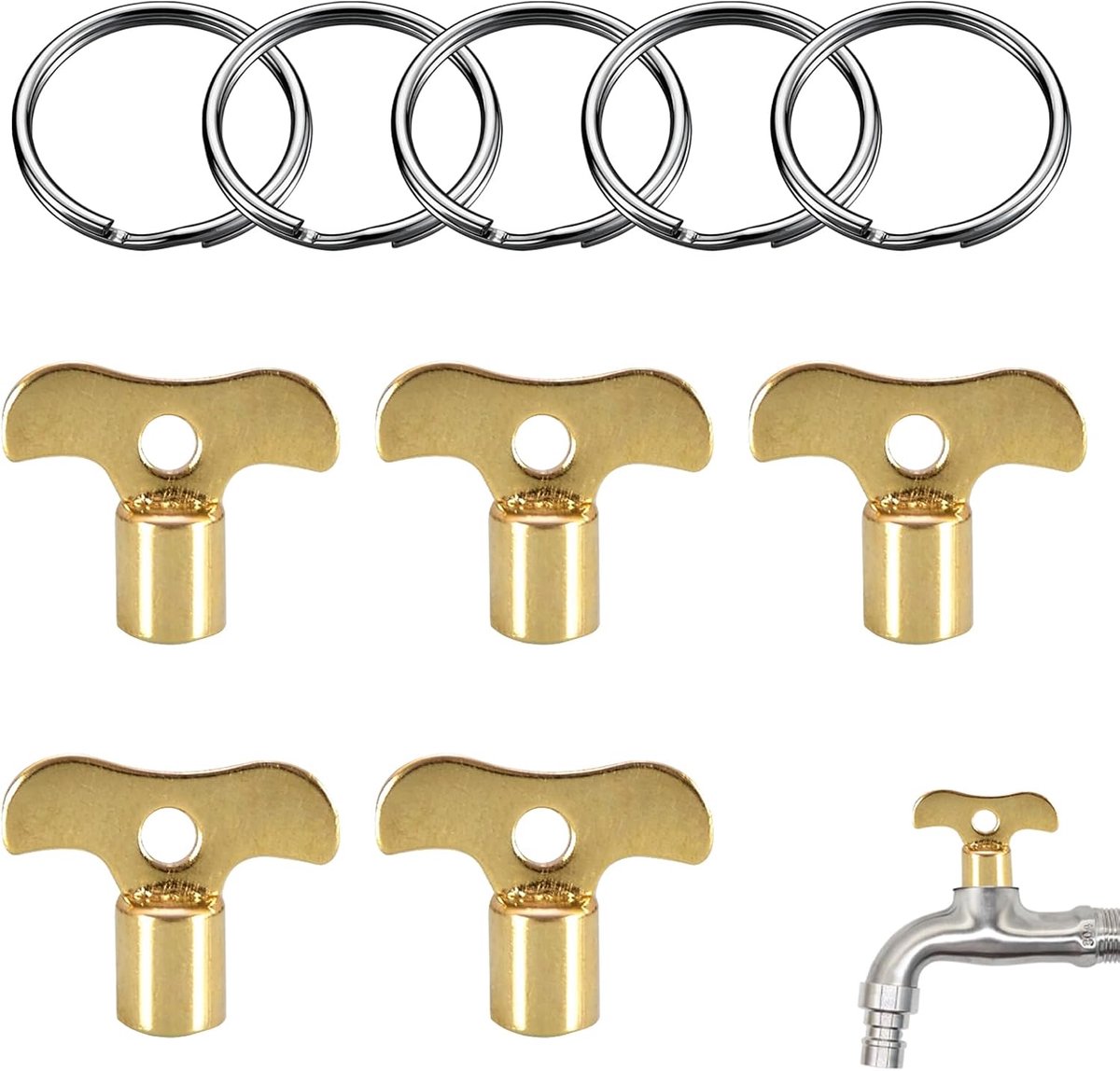 Set 5 Stuks met 5 Sleutelhangers, Metalen Ventielsleutel met Messing Coating voor Radiatoren en Kranen, voor Ventielbediening, Badkamer, Keuken, Tuin en Huis