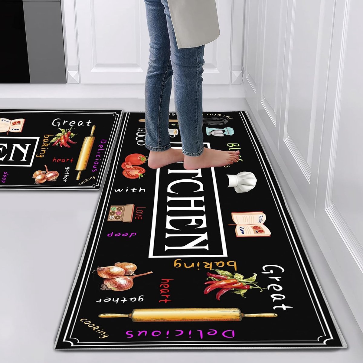 Keukenloper, modern, wasbaar, geometrisch patroon, antislip, voor keuken, eetkamer, 40 x 60 cm + 40 x 124 cm, piano