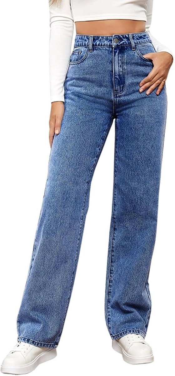Jeans met hoge taille, rechte pasvorm, baggy jeans, wijde pijpen, afslankend, met alle broeken, herfst, winter, elastisch, klassiek, denim