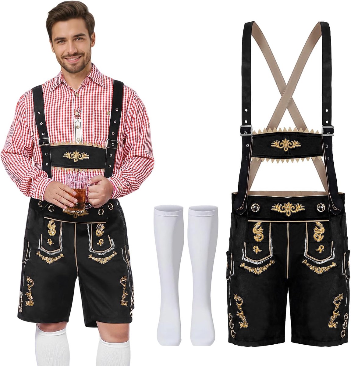 Broek voor heren, kort met bandjes, traditionele lederhose voor heren en dames, klederdrachtbroek, Oktoberfest, Oktoberfest, outfit