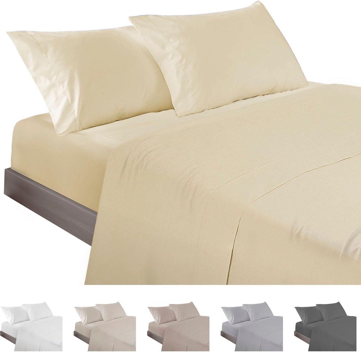 Beddengoedset, 4-delig, voor bedden van 200 cm, gemaakt in Spanje, beddengoed met hoeslaken, dekbedovertrek en 2 kussenslopen 45 x 110 cm, geel