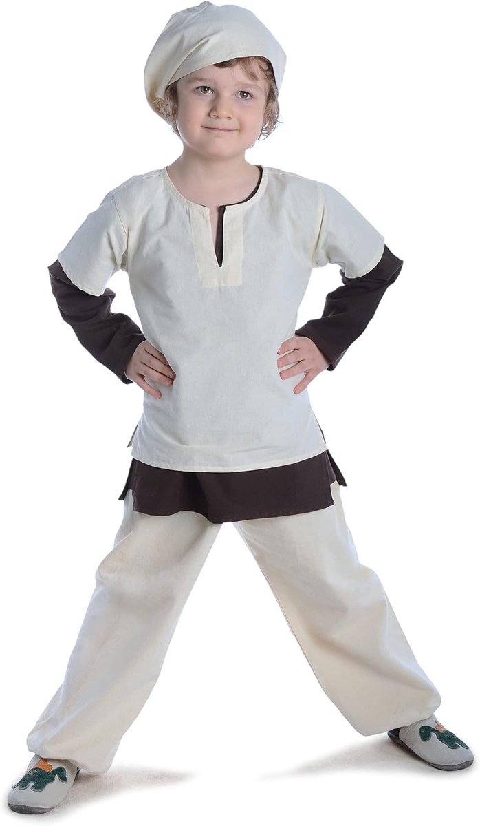 Kinderbroek van middeleeuwse katoen - Elastische band - Beige en Zwart - Beige L/XL