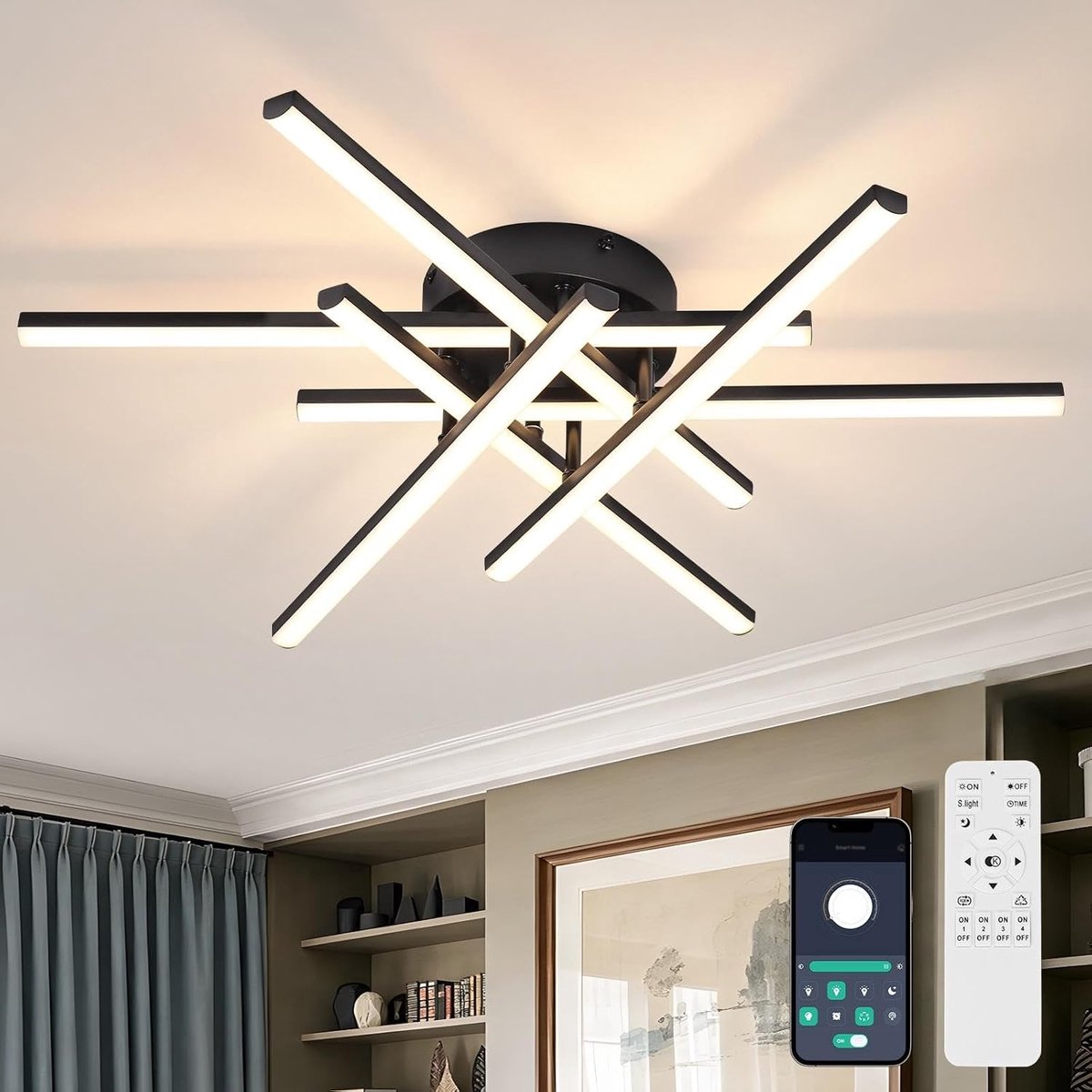 6-vlammig dimbare led-plafondlamp, 55 cm, zwarte dimbare led-plafondlamp met afstandsbediening, plafondlamp voor eetkamer, slaapkamer, kantoor, keuken, woonkamer - 42 W