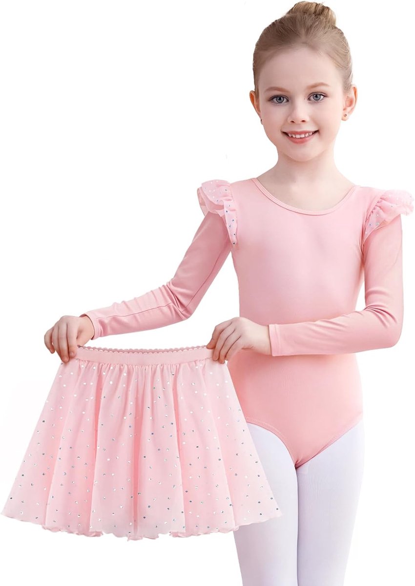 Balletjurk voor meisjes, balletjurk, lange mouwen, balletdanspakje met afneembare rok, glanzende danskostuums voor kinderen, ballerina-outfit voor 2-11 jaar