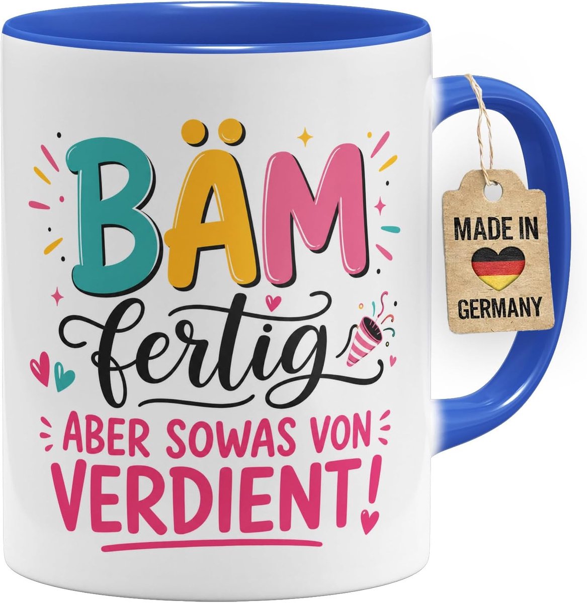 Afstudeercadeaumok met spreuk - BÄM fertig Prüfung bestanden - Aan beide zijden bedrukt - Blauw