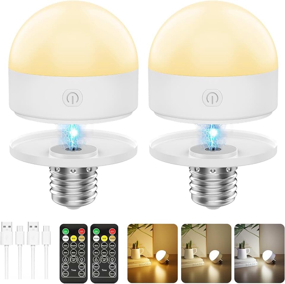 2 stuks oplaadbare gloeilamp met batterij, E27 led, 3 kleuren, dimbaar, afneembare batterij, gloeilamp met afstandsbediening en timing voor niet-bekabelde decoratieve lampen