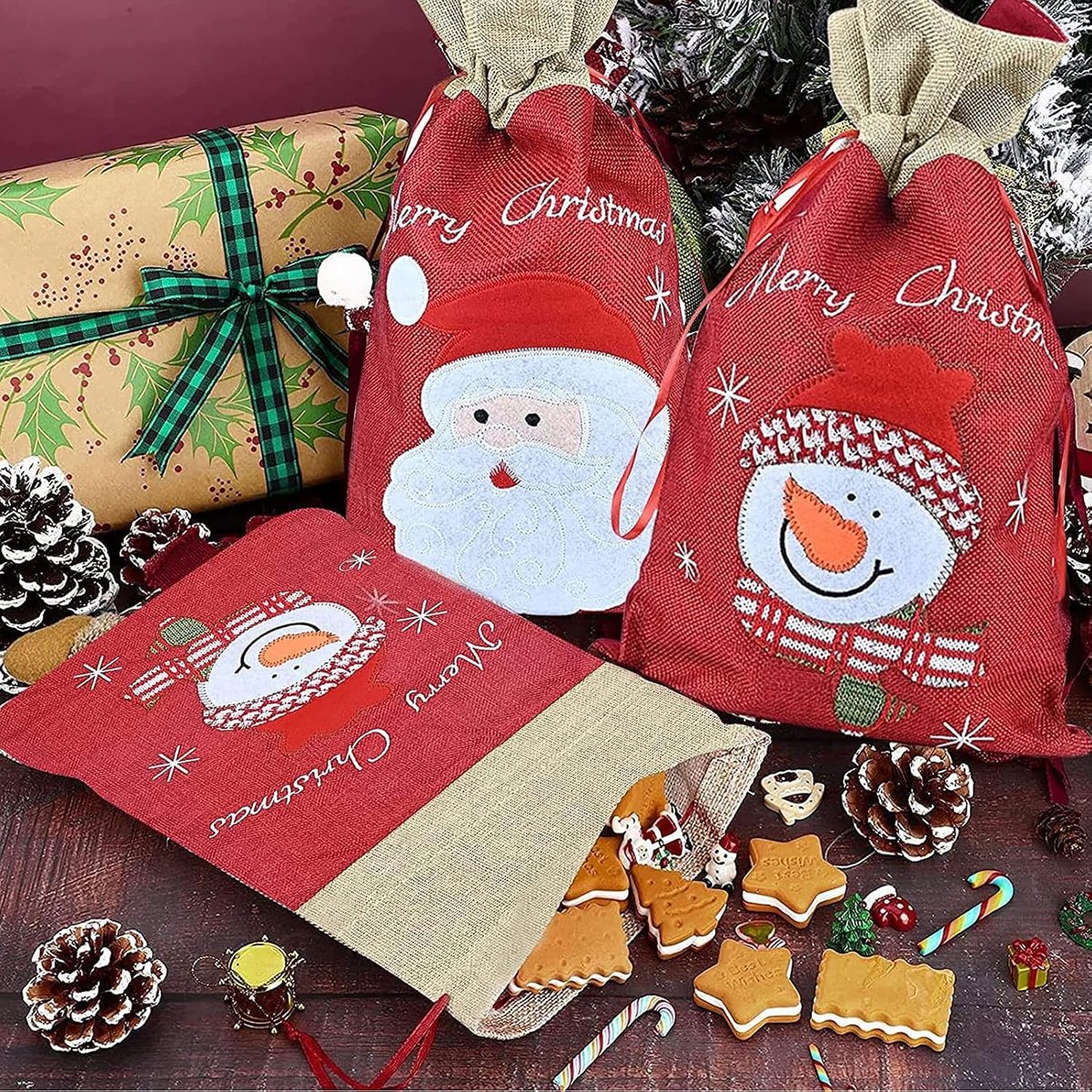 2 stuks cadeauzakjes voor kerstkerstcadeauzakjes, kerstzak, cadeauzak, kerstmanzak met trekkoord, kerstman, sneeuwpop, snoepzak
