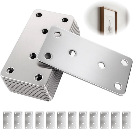 12 stuks platte connectoren, 80 × 40 × 2 mm geperforeerde platen, houten connectoren, geperforeerde platen voor houtverbindingen, meubelbouw, planksteunen, versterkingshoek, zilver — afbeelding 5