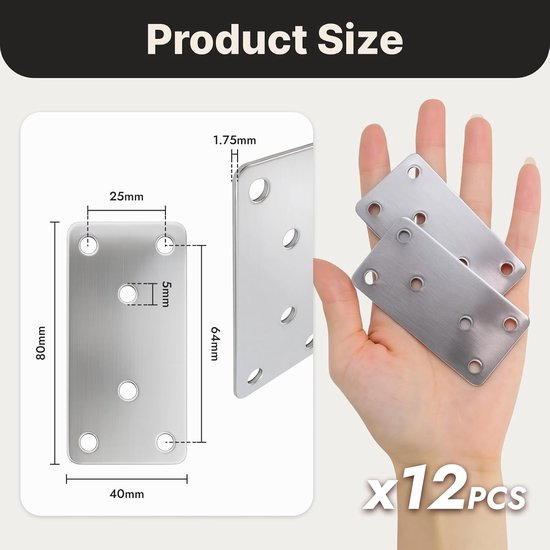 12 stuks platte connectoren, 80 × 40 × 2 mm geperforeerde platen, houten connectoren, geperforeerde platen voor houtverbindingen, meubelbouw, planksteunen, versterkingshoek, zilver — afbeelding 2