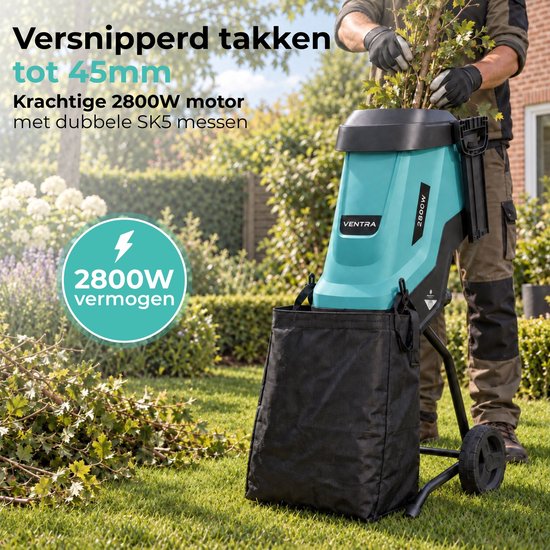 VENTRA® Elektrische Hakselaar - Wood Shredder - 2800W - Voor Takken Tot Ø45mm - 45L Opvangzak - 42 x 35 x 94cm — afbeelding 3