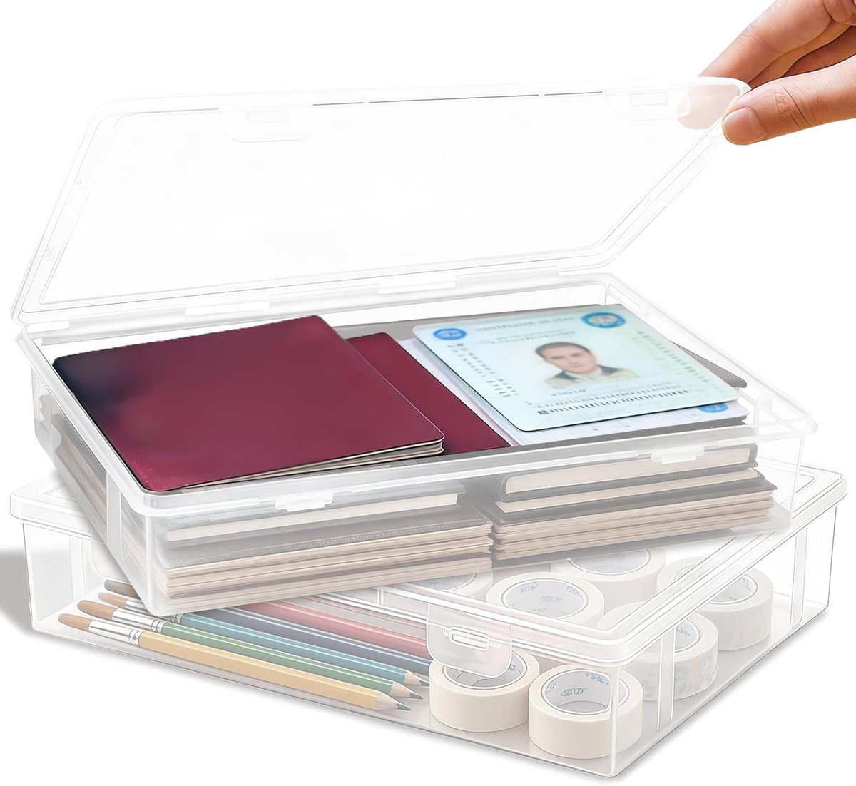 Opbergdoos, 2 stuks kunststof opbergdoos met deksel, multifunctionele draagbare transparante A4-bestandsdoos voor het opbergen van papier, briefpapier, cosmetica en gereedschapsonderdelen