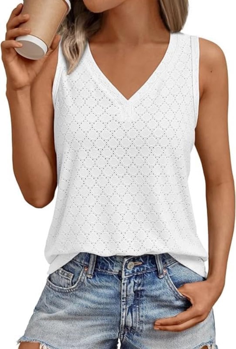 Tanktop Dames Zomer V-hals Mouwloze Tops Elegant Eyelet Borduurwerk Blousetops Casual Losse Lange Shirt Basic Strand Tanktops Boho