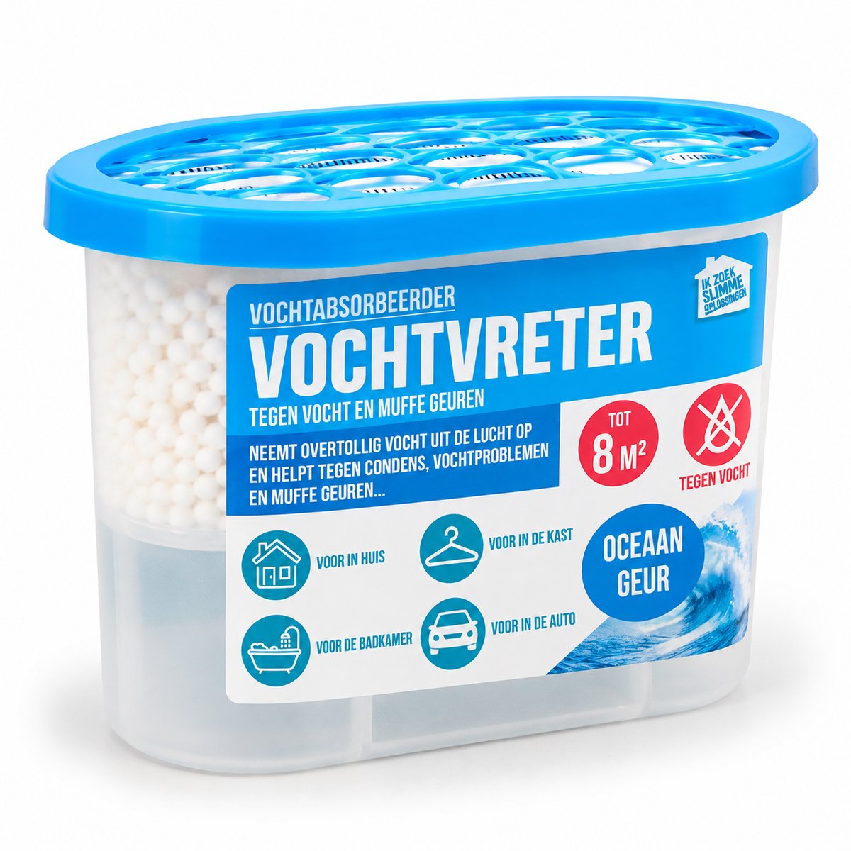 Vochtvreter Oceaangeur – Vochtabsorbeerder tot 8 m² – Tegen Vocht, Condens & Muffe Geuren – Voor Badkamer, Kast, Auto & Woning – Blauw