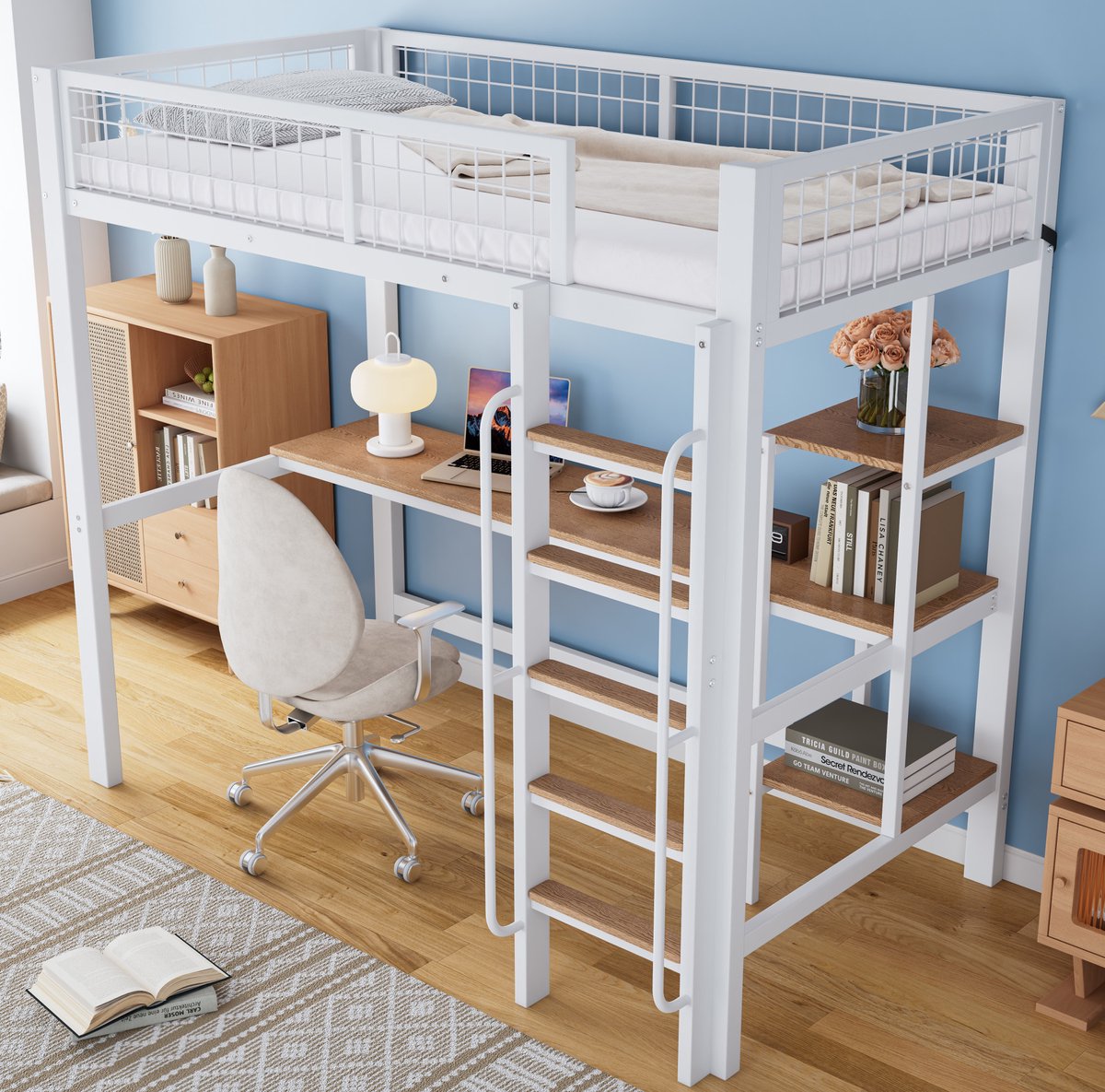 WUVRIE Hoogslaper 90x200 cm met bureau, opbergrekken, 5-tredentrap en uitvalbeveiliging, wit/naturel Wit en naturel