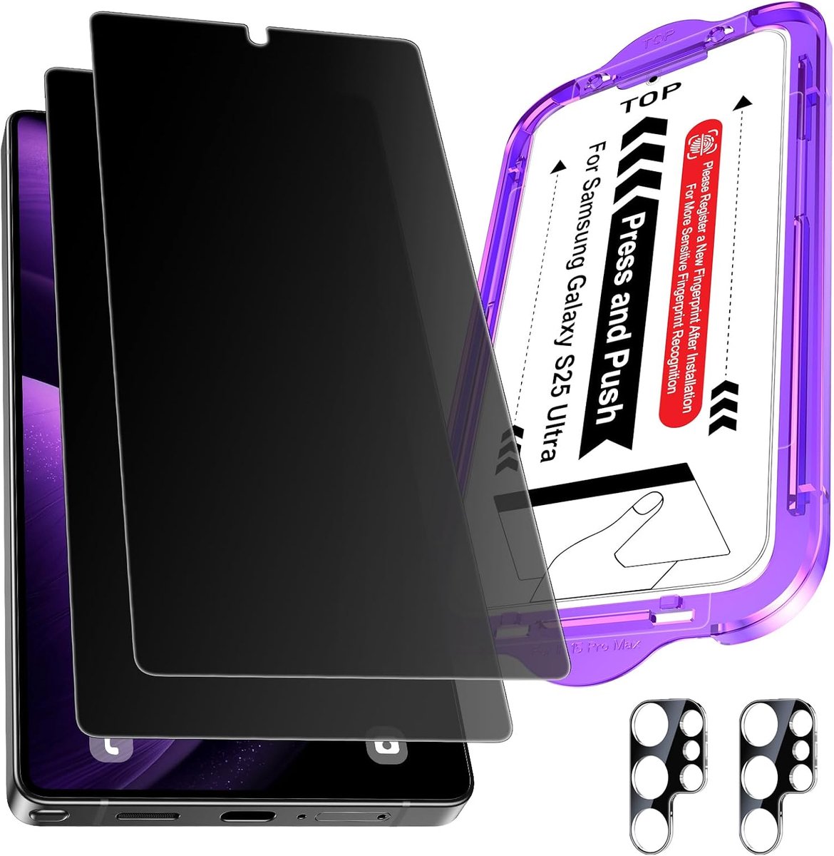 Privacyscherm voor Samsung Galaxy S25 Ultra, 2 x privacybescherming mat + 2 x camerabescherming, 7H PET, 6,8 inch