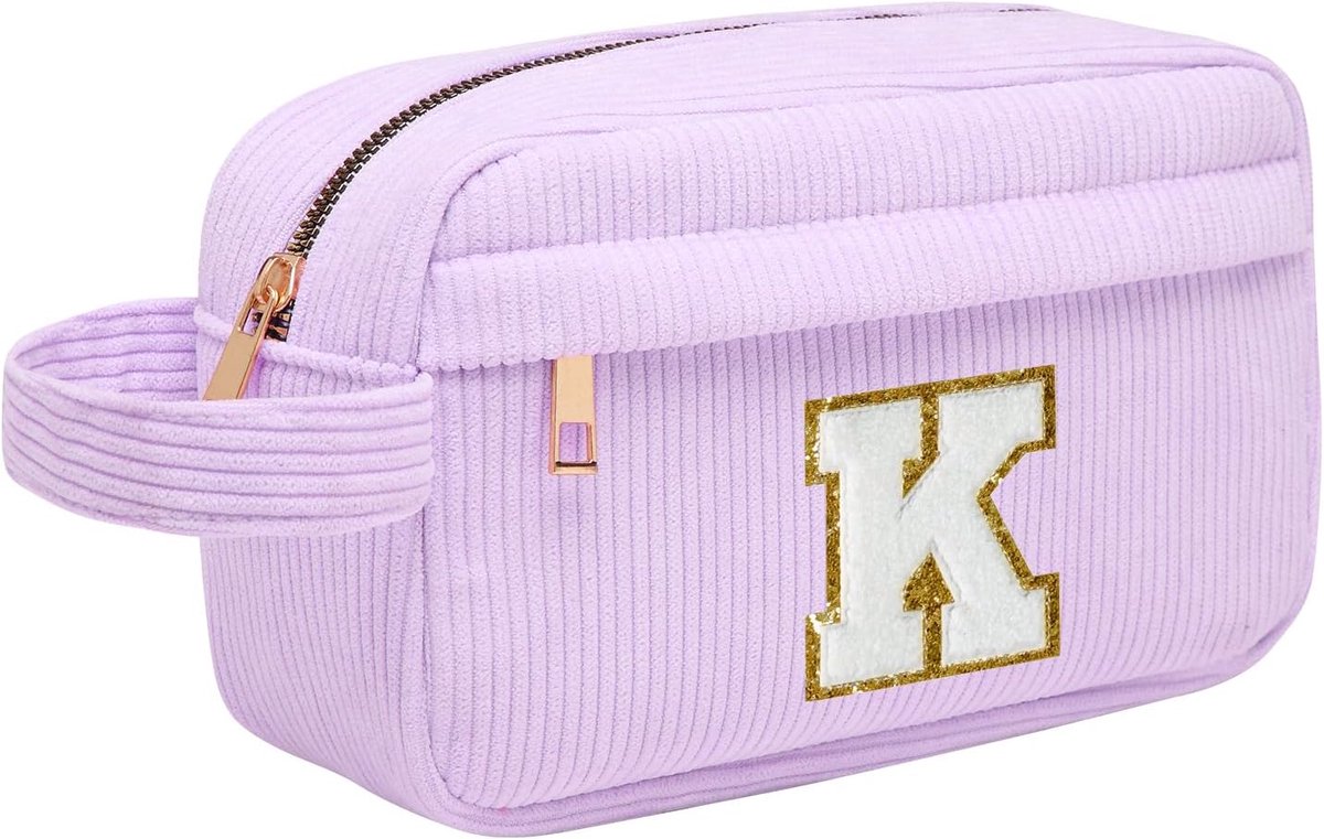 Make-uptas voor dames, gepersonaliseerd, voor op reis, met binnenvak, cosmeticatas, cosmetica-organizer, cadeau voor verjaardag of Kerstmis, ideaal voor vrouwen, meisjes, vriendin, Paars, K