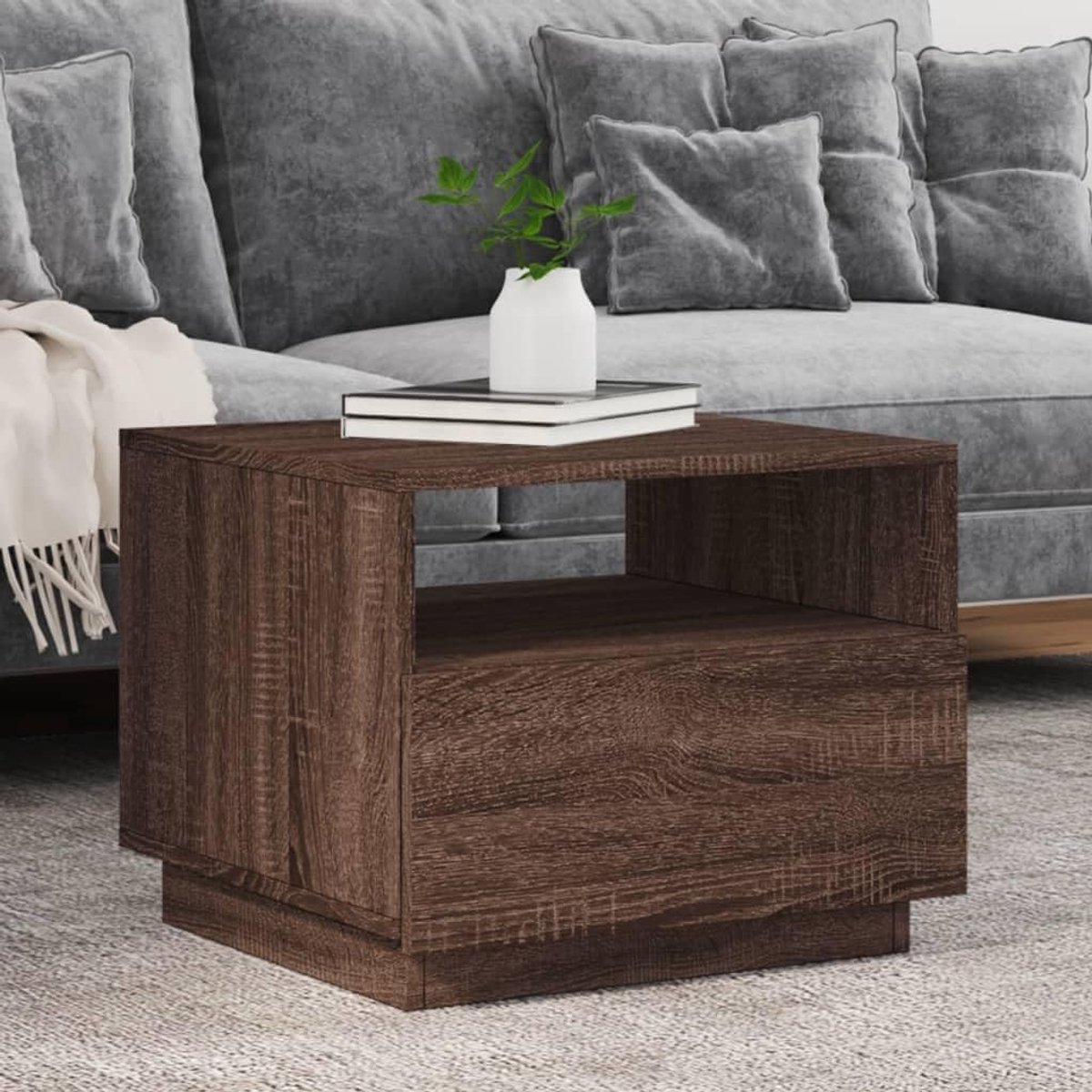 Salontafel, woonkamertafel, bijzettafel, koffietafel, met ledverlichting, bruin eiken-look, 50 x 49 x 40 cm