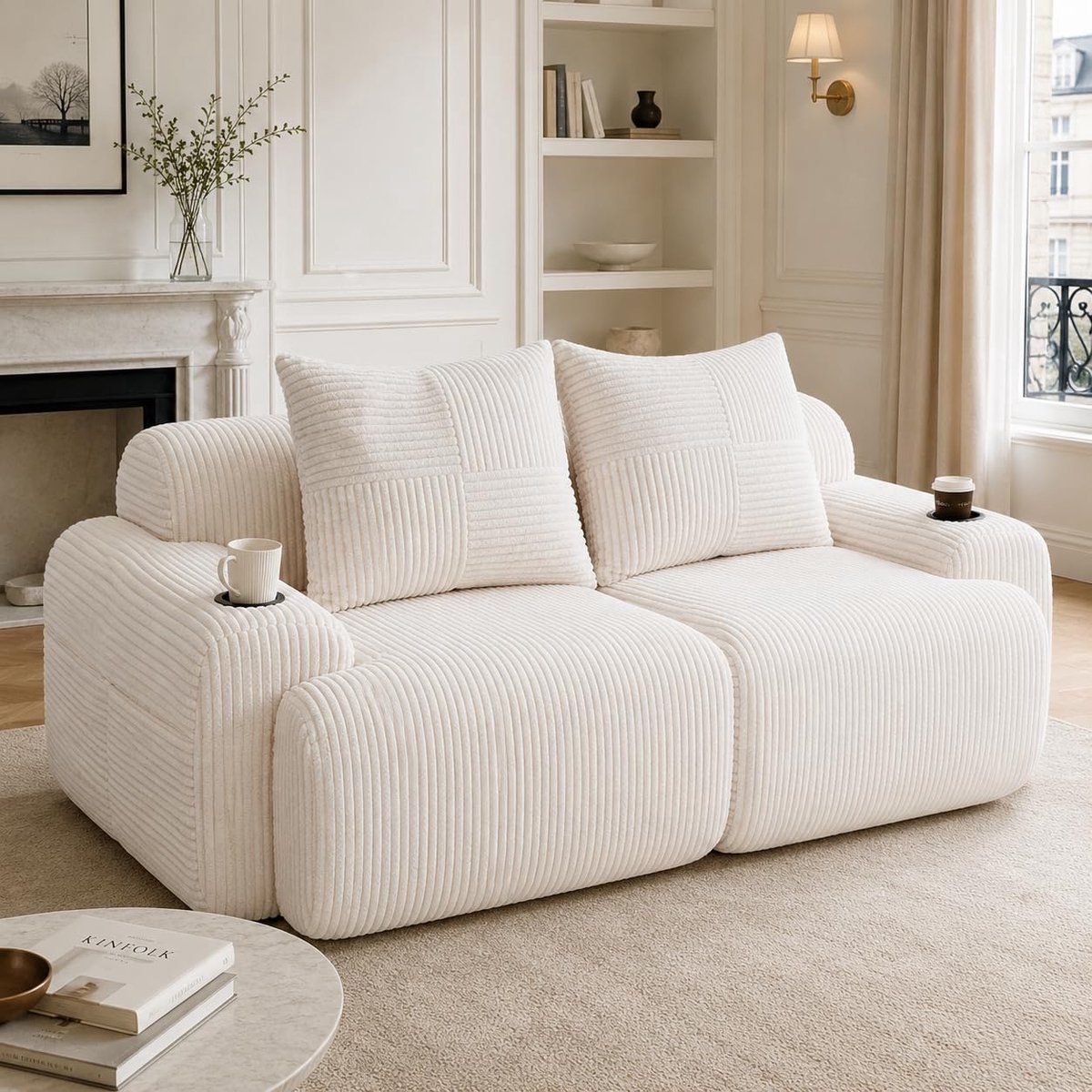 Modulaire 2-zitsbank, moderne corduroy bank met krukken, diepe zitting botloze bank zonder montage, met bekerhouder en zijvak, voor woonkamer (beige, 2-zits)