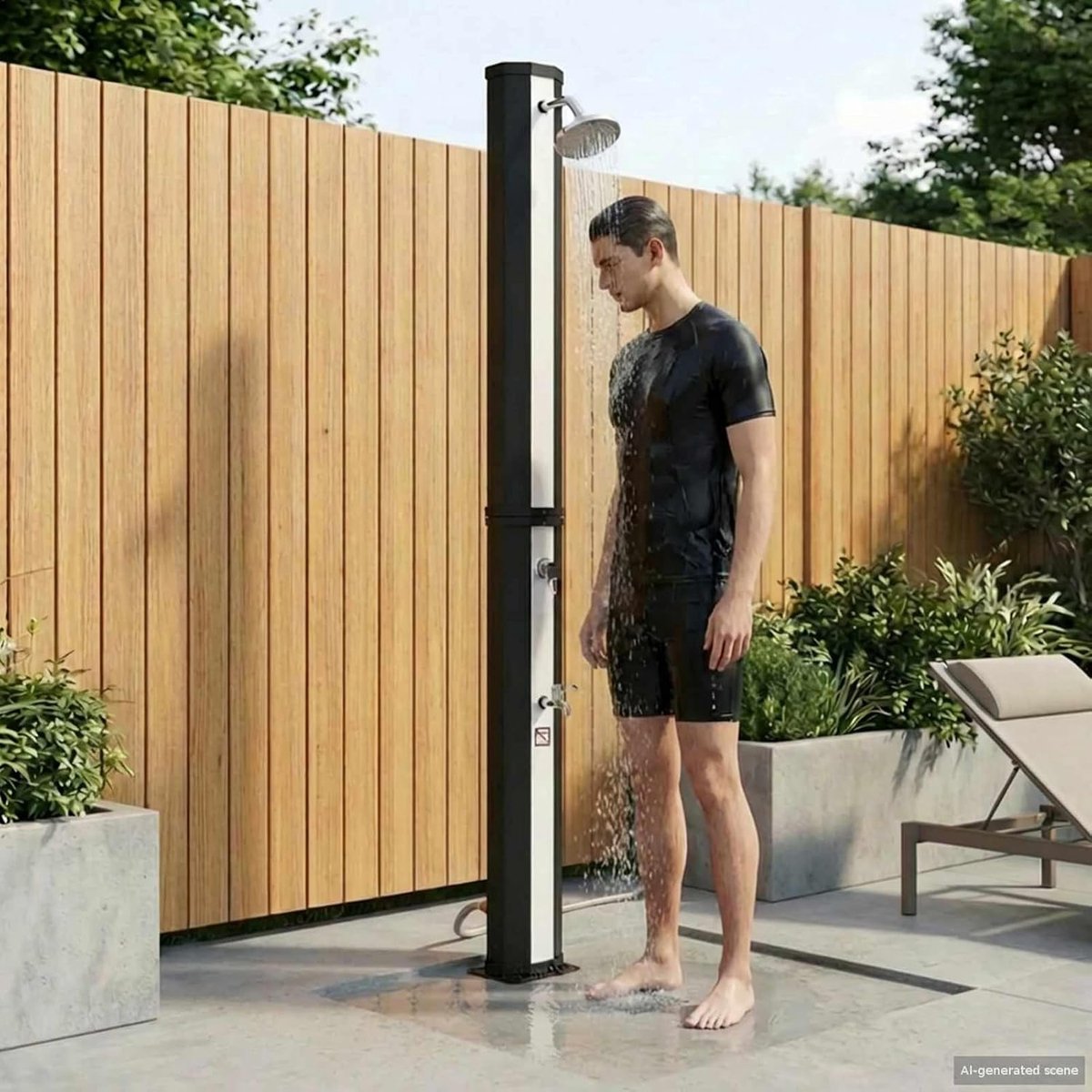 Douche op zonne-energie, 40 l, douchekop, kraan, verwarmd op zonne-energie, instelbare temperatuur, draaibare douchekop, tuin, zwembad, strand, familie, huisdieren, zwart/zilver