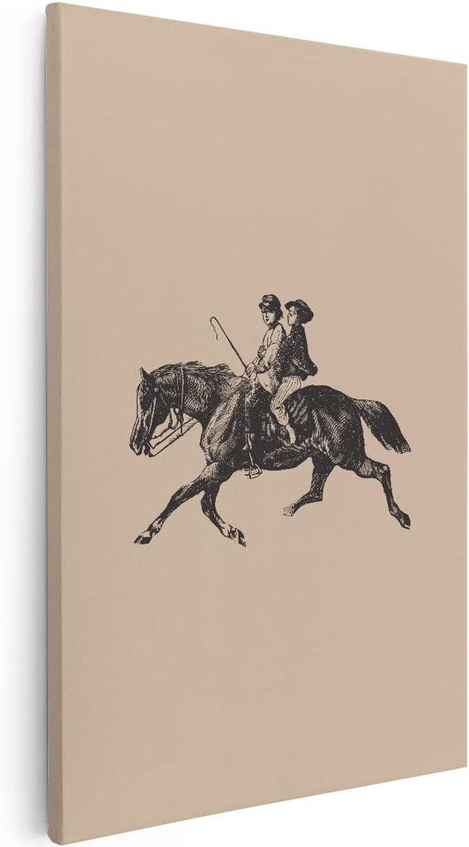 Canvas Schilderij Paard - 80x120 cm - Groot - Wanddecoratie Vintage Ruiters - Muurdecoratie Dieren - Decoratie Kinderen Galop