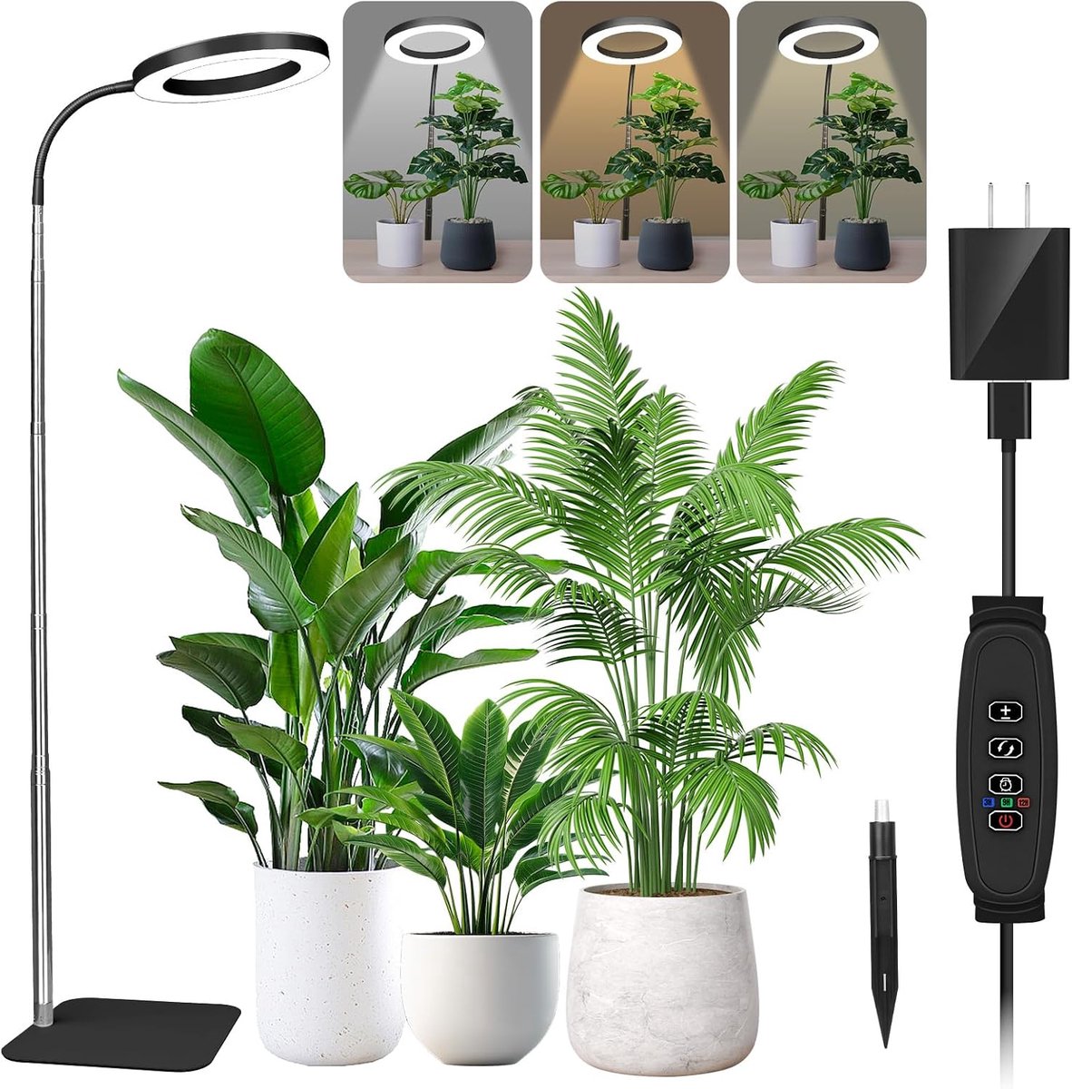 72 leds plantenlicht voor kamerplanten met sokkel, 3 kleurmodi, 3 uur/9 uur/12 uur timer, 10 helderheidsniveaus, 40-170 cm in hoogte verstelbaar, zwart
