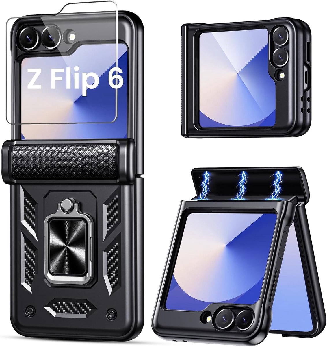 Telefoonhoesje voor Samsung Galaxy Z Flip 7 FE, met beschermfolie en scharnierbescherming, magnetische ringstandaard, stootvast, krasbestendig, zwart