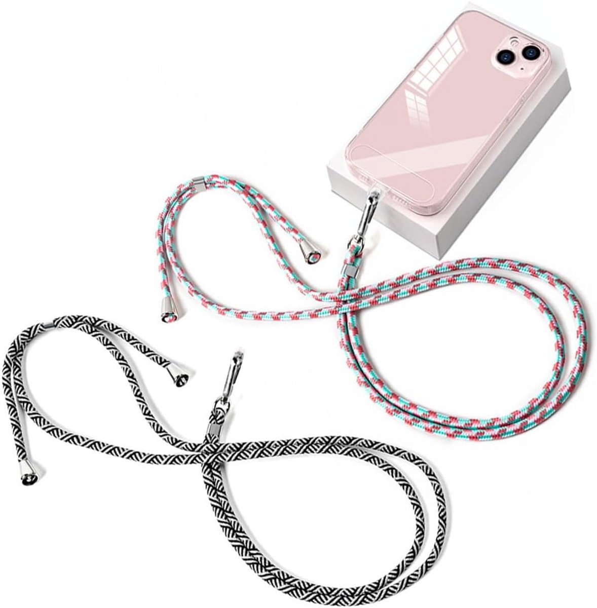 2 stuks universele telefoonketting, mobiele telefoonkoord, anti-verlies-koord voor alle smartphones met 2 stuks universele patches, combineerbaar met elke tas, verstelbaar en afneembaar